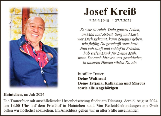 Traueranzeige von Josef Kreiß von Camberger Anzeiger