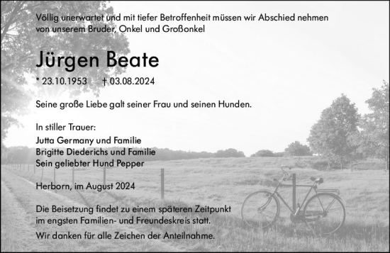 Traueranzeige von Jürgen Beate von Dill Block