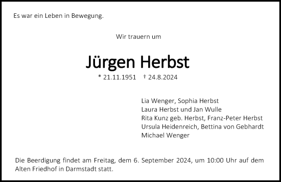Traueranzeige von Jürgen Herbst von Darmstädter Echo