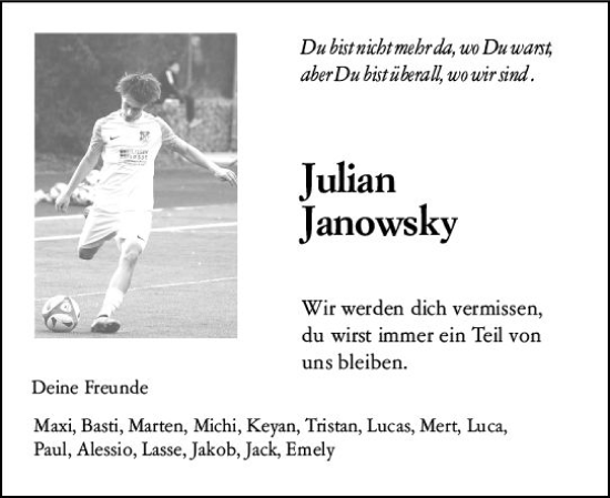 Traueranzeige von Julian Janowsky von Allgemeine Zeitung Mainz