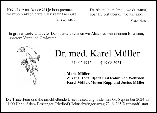 Traueranzeige von Karel Müller von Darmstädter Echo