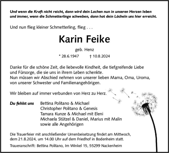 Traueranzeige von Karin Feike von Allgemeine Zeitung Mainz