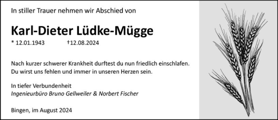 Traueranzeige von Karl-Dieter Lüdke-Mügge von Binger-/Ingelheimer Wochenblatt