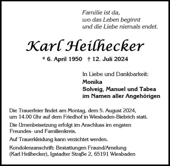 Traueranzeige von Karl Heilhecker von Wiesbadener Kurier