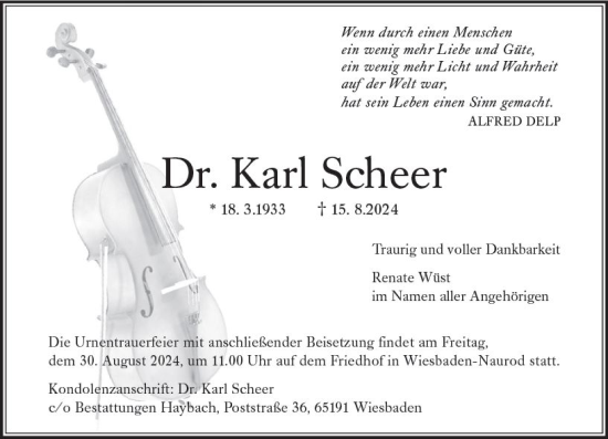 Traueranzeige von Karl Scheer von Wiesbadener Kurier