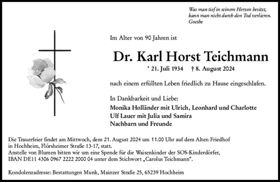 Traueranzeige von Karl Horst Teichmann von Hochheimer Zeitung