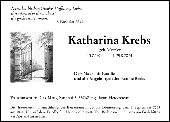 Traueranzeige von Katharina Krebs von Allgemeine Zeitung Rheinhessen-Nahe