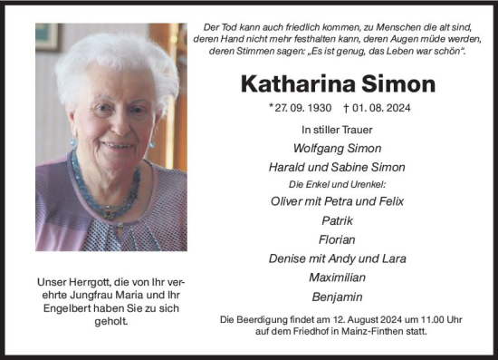 Traueranzeige von Katharina Simon von Allgemeine Zeitung Mainz