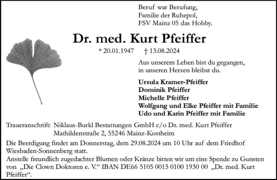 Traueranzeige von Kurt Pfeiffer von Wiesbadener Kurier