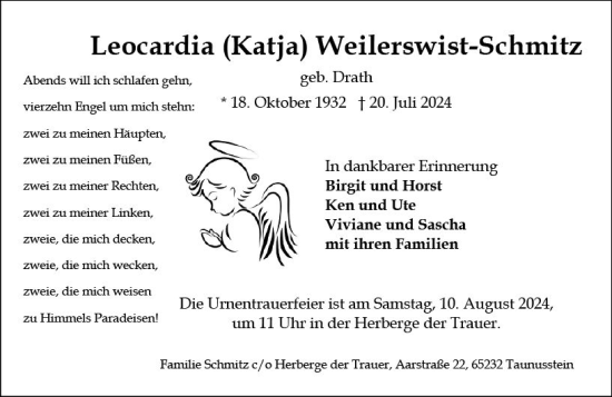 Traueranzeige von Leocardia Weilerswist-Schmitz von Idsteiner Land/Untertaunus