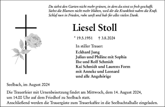 Traueranzeige von Liesel Stoll von Weilburger Tageblatt