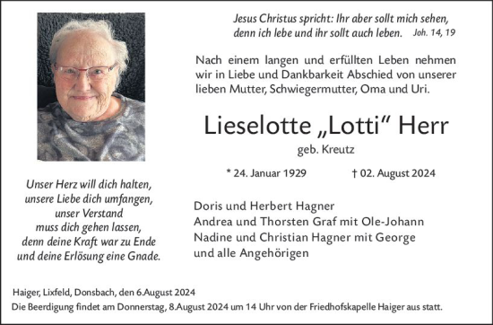 Traueranzeige von Lieselotte Herr von Hinterländer Anzeiger