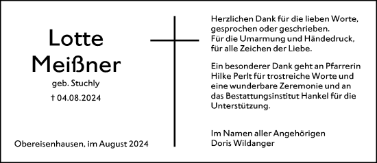Traueranzeige von Lotte Meißner von Hinterländer Anzeiger