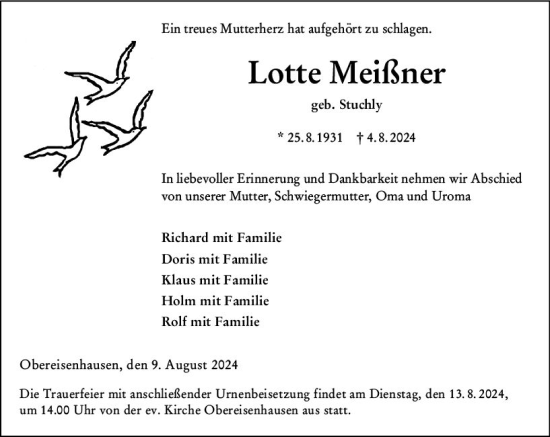 Traueranzeige von Lotte Meißner von Hinterländer Anzeiger