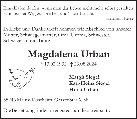 Traueranzeige von Magdalena Urban von Allgemeine Zeitung Mainz