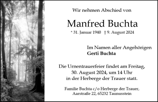Traueranzeige von Manfred Buchta von Idsteiner Land/Untertaunus