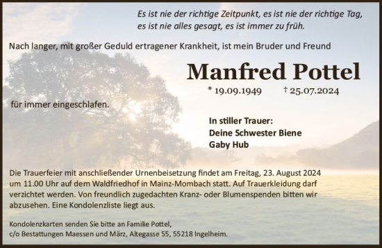 Traueranzeige von Manfred Pottel von Allgemeine Zeitung Mainz