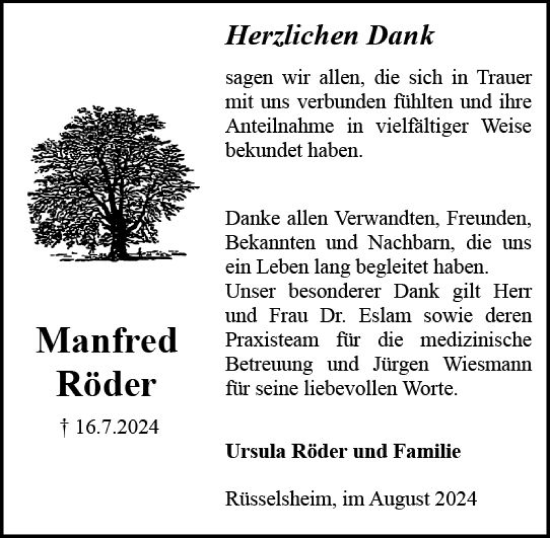 Traueranzeige von Manfred Röder von Rüsselsheimer Echo