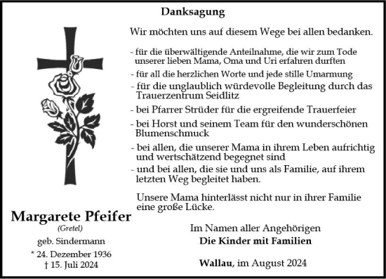 Traueranzeige von Margarete Pfeifer von Hinterländer Anzeiger