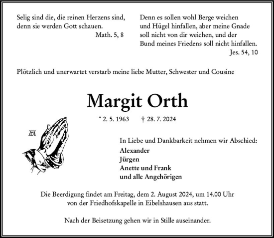 Traueranzeige von Margit Orth von Dill Block