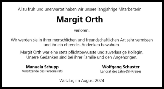 Traueranzeige von Margit Orth von Dill Block