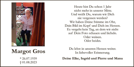 Traueranzeige von Margot Gros von Allgemeine Zeitung Mainz