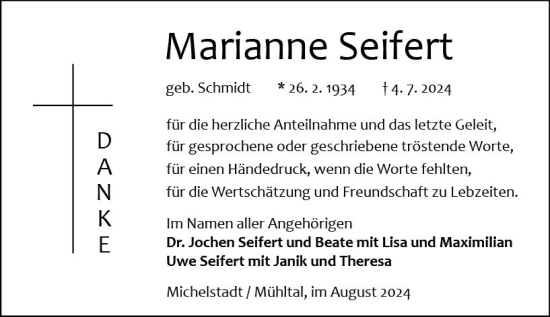Traueranzeige von Marianne Seifert von Odenwälder Echo