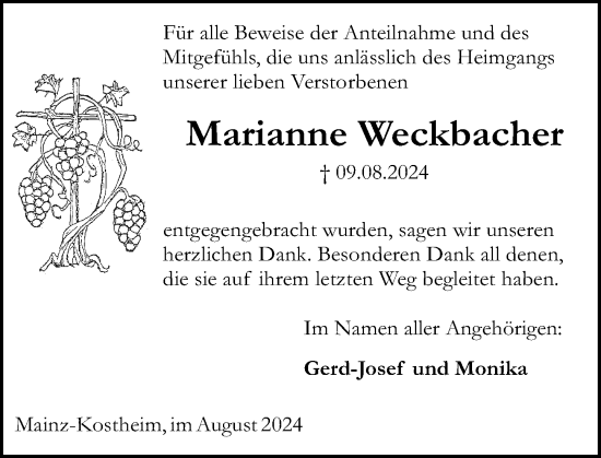 Traueranzeige von Marianne Weckbacher von Allgemeine Zeitung Mainz