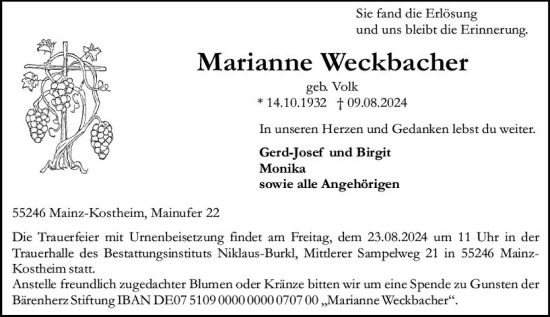 Traueranzeige von Marianne Weckbacher von Allgemeine Zeitung Mainz