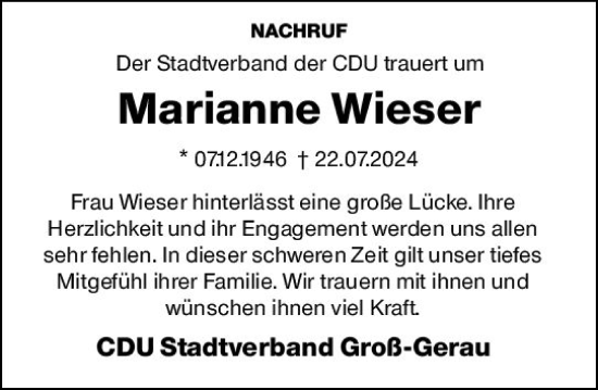 Traueranzeige von Marianne Wieser von Groß-Gerauer Echo