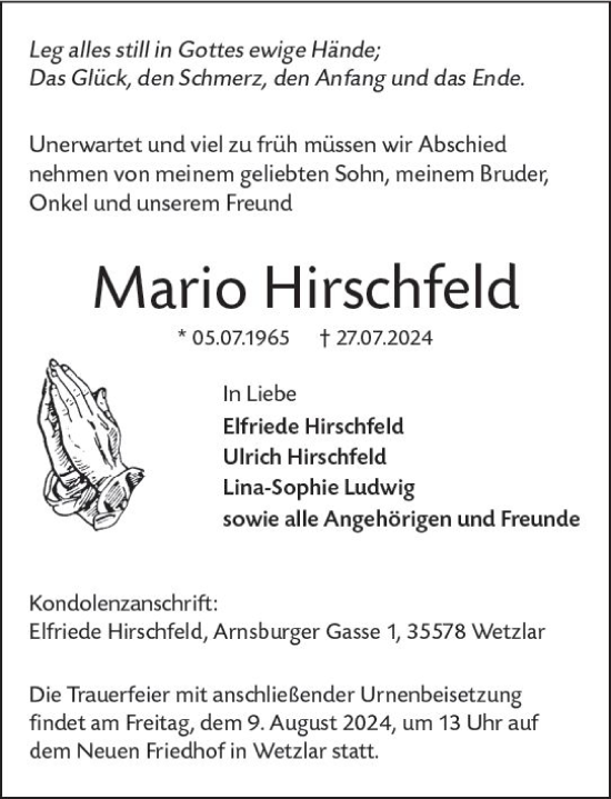 Traueranzeige von Mario Hirschfeld von Wetzlarer Neue Zeitung