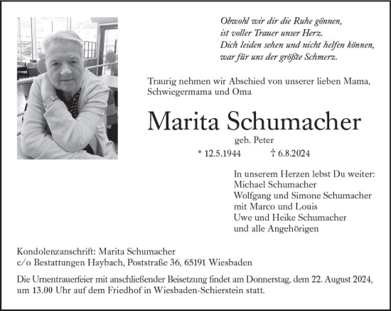 Traueranzeige von Marita Schumacher von Wiesbadener Kurier