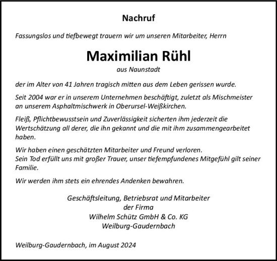 Traueranzeige von Maximilian Rühl von Weilburger Tageblatt