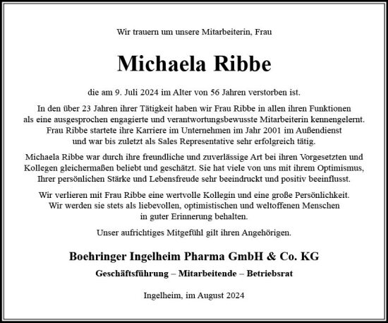 Traueranzeige von Michaela Ribbe von Allgemeine Zeitung Rheinhessen-Nahe