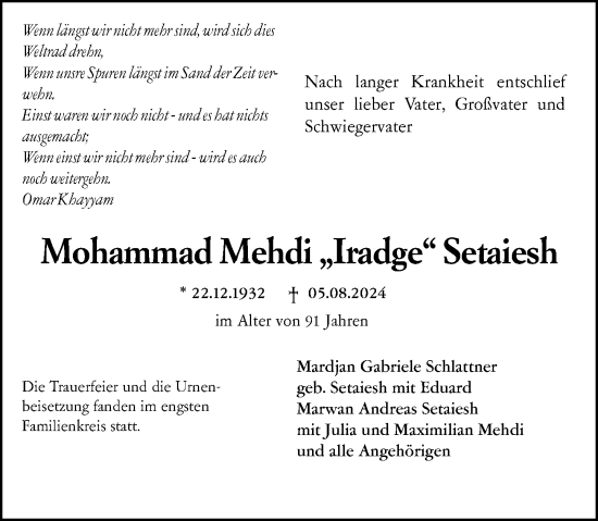 Traueranzeige von Mohammad Mehdi Setaiesh von Wiesbadener Kurier