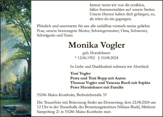 Traueranzeige von Monika Vogler von Allgemeine Zeitung Mainz