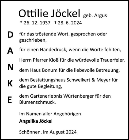 Traueranzeige von Ottilie Jöckel von Odenwälder Echo