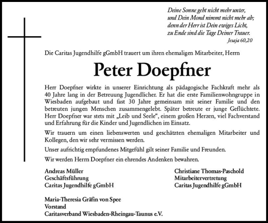 Traueranzeige von Peter Doepfner von Wiesbadener Kurier