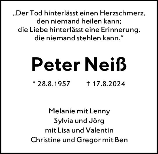 Traueranzeige von Peter Neiß von Wiesbadener Kurier