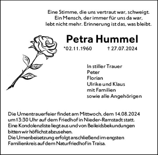Traueranzeige von Petra Hummel von Darmstädter Echo