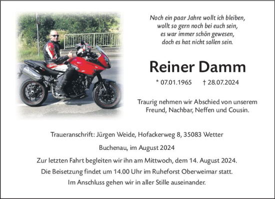 Traueranzeige von Reiner Damm von Hinterländer Anzeiger