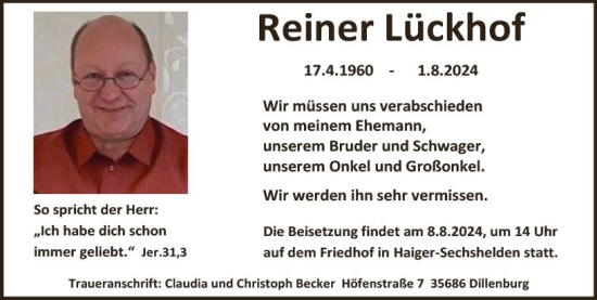 Traueranzeige von Reiner Lückhof von Dill Block