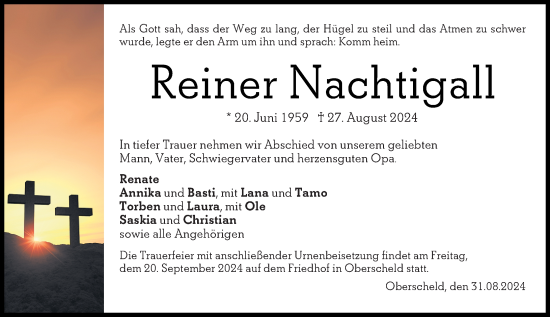 Traueranzeige von Reiner Nachtigall von Dill Block