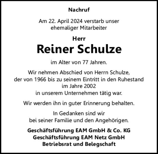 Traueranzeige von Reiner Schulze von Dill Block