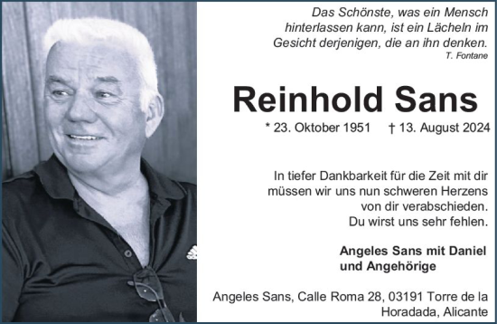 Traueranzeige von Reinhold Sans von Allgemeine Zeitung Mainz
