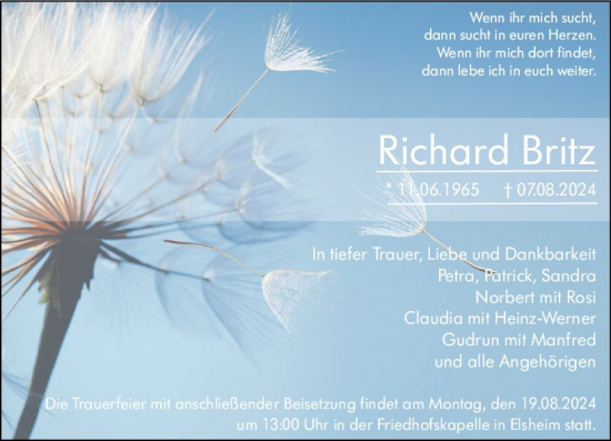 Traueranzeige von Richard Britz von Allgemeine Zeitung Mainz