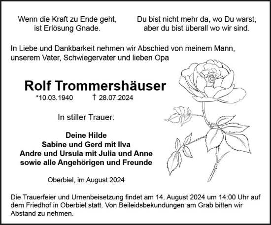 Traueranzeige von Rolf Trommershäuser von Wetzlarer Neue Zeitung