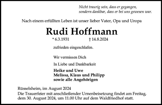 Traueranzeige von Rudi Hoffmann von Rüsselsheimer Echo