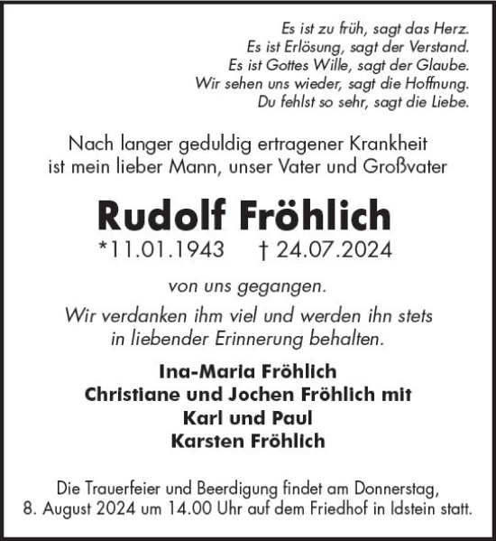 Traueranzeige von Rudolf Fröhlich von Wiesbadener Kurier