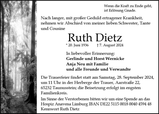 Traueranzeige von Ruth Dietz von Wiesbadener Kurier